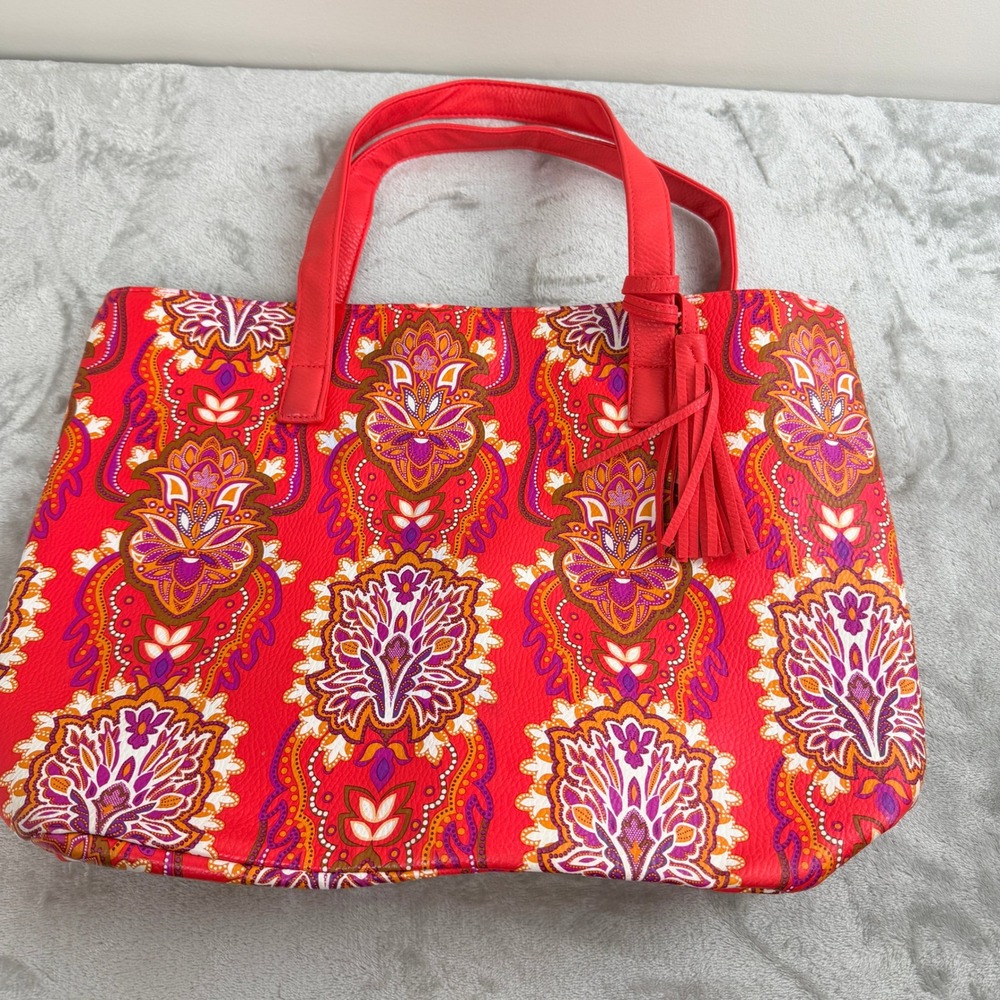 Vibrant Red Paisley Faux Leather Tote Bag with‎ Tassel Accent Large Shoulder Bag